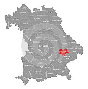 Dingolfing-Landau county red highlighted in map of Bavaria Germany