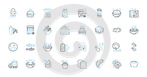 Dining adventures linear icons set. Gastronomy, Epicurean, Feasting, Culinary, Indulgent, Lavish, Gourmet line vector
