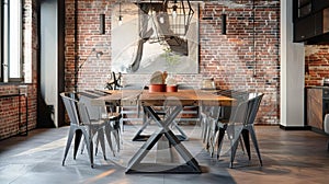 The dining area is defined by a large unfinished wooden table with geometric legs surrounded by mismatched chairs in