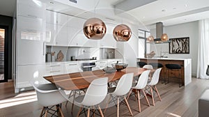 The dining area features a minimalist wooden dining table surrounded by white chairs with metallic legs. A minimalist