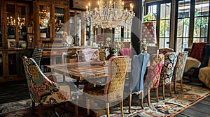 The dining area features a rustic wooden table surrounded by mismatched chairs in different patterns and colors. A photo