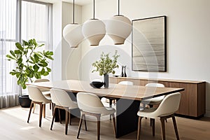 A dining area featuring a minimalist wooden table, modern dining chairs, and a statement pendant light.