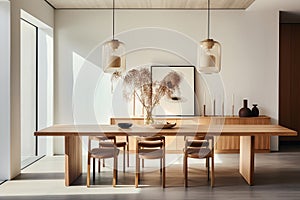 A dining area featuring a minimalist wooden table, modern dining chairs, and a statement pendant light.