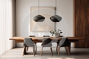 A dining area featuring a minimalist wooden table, modern dining chairs, and a statement pendant light.