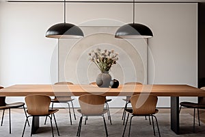 A dining area featuring a minimalist wooden table, modern dining chairs, and a statement pendant light.