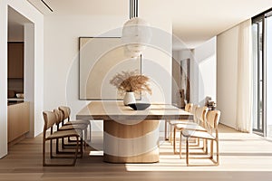 A dining area featuring a minimalist wooden table, modern dining chairs, and a statement pendant light.