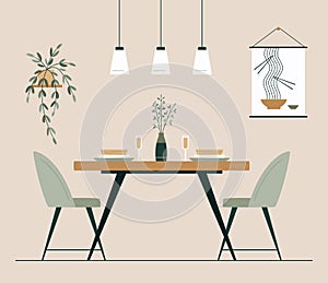 Dining Area in the kitchen or living room with table, chairs, picture and plants. Vector illustration. Modern interior design.