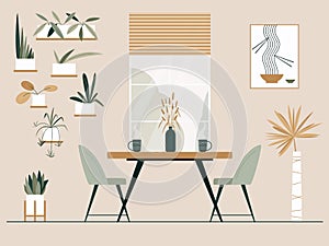 Dining Area in the kitchen or living room with table, chairs, window and plants. Vector illustration. Modern interior design.