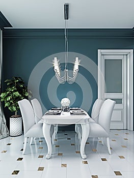Dining area in the kitchen with a white dining table and chairs, in a classic style