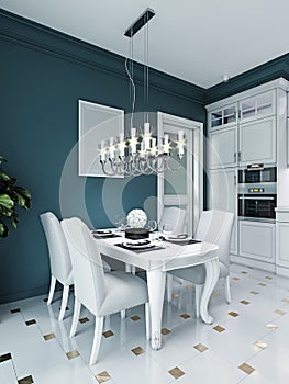 Dining area in the kitchen with a white dining table and chairs, in a classic style
