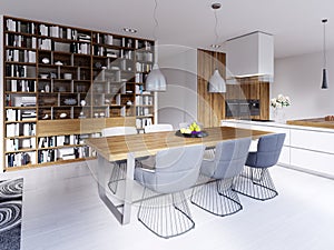 Dining area with a modern designer table with six chairs in a loft style. Large built-in shelves for books, kitchen and living