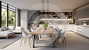 dining area in modern Kitchen, Living Room. dining table. generative ai