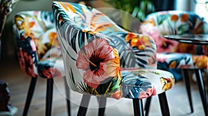 The dining chairs upholstered in soft velvet fabric are adorned with bold and colorful tropical prints. The combination