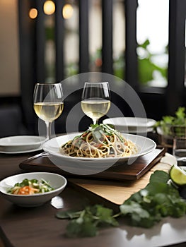 Dining Elegance. Thai Pad Noodles, White Wine, and Impeccable Service in High-Resolution