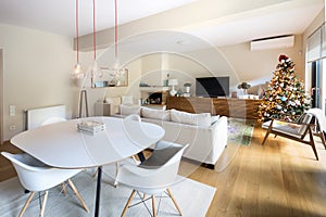 Dining - Living room with eiffel arm chairs and wooden cabinet.