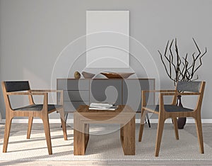 Dining or Living room with mockup canvas scandinavian interior, 3d Illustration, 3d rendering