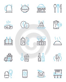Dining options linear icons set. Restaurant, Pub, Cafe, Bistro, Brasserie, Diner, Food court line vector and concept
