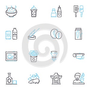 Dining options linear icons set. Restaurant, Pub, Cafe, Bistro, Brasserie, Diner, Food court line vector and concept photo