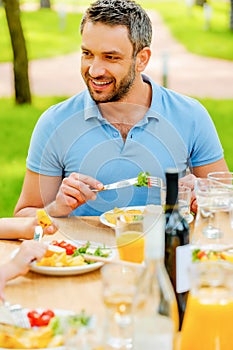 Dining outdoors.