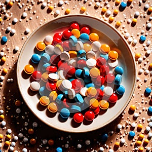 Dining plate filled with pills, indicating diet of good nutrition like medicine