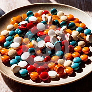Dining plate filled with pills, indicating diet of good nutrition like medicine