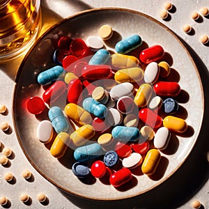 Dining plate filled with pills, indicating diet of good nutrition like medicine