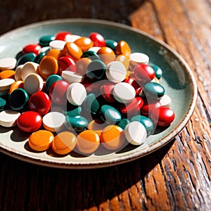 Dining plate filled with pills, indicating diet of good nutrition like medicine