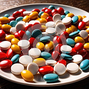 Dining plate filled with pills, indicating diet of good nutrition like medicine