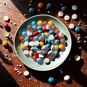 Dining plate filled with pills, indicating diet of good nutrition like medicine