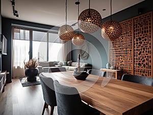 Dining room in the apartment with modern decoration and design.