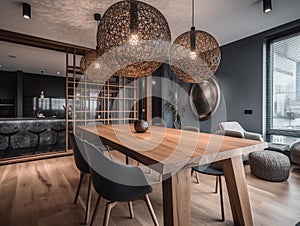 Dining room in the apartment with modern decoration and design.