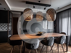 Dining room in the apartment with modern decoration and design.