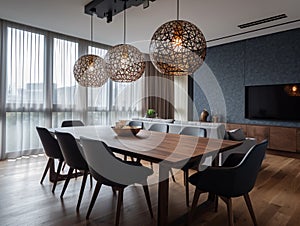 Dining room in the apartment with modern decoration and design.