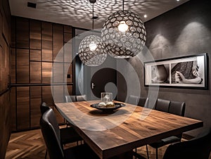 Dining room in the apartment with modern decoration and design.