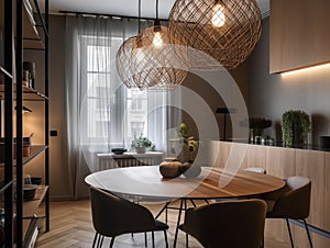 Dining room in the apartment with modern decoration and design.