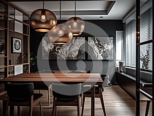 Dining room in the apartment with modern decoration and design.