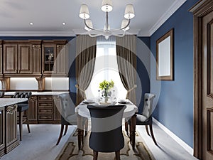 Dining room in classic and luxury style, with dining served table with decorative elements, four upholstered chairs, two