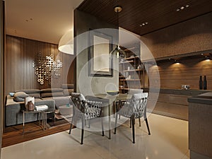 Dining room with contemporary style kitchen in dark brown studio apartments. Partition wall separating the living room and kitchen