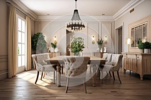 Dining Room: Create a set of images that showcase an elegant, inviting dining room. Generative AI
