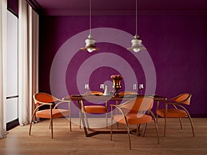 Dining room design with purple wall,orange chairs,table,lamp and wooden floor.