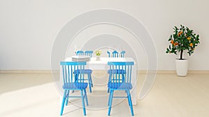 Dining room with empty wall in white, blue, beige and orange colours.