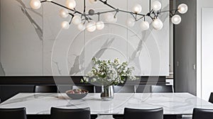 The dining room features a simple yet stylish design with a white marble dining table and black leather chairs. As a