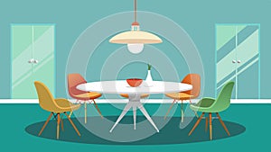 A dining room featuring a round glass table with a brass base surrounded by Eamesstyle molded plastic chairs in various