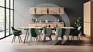Dining room featuring wooden table and green chairs. Suitable for home decor and interior design
