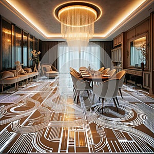 dining room floor with programmable LED tiles that create dynamic patterns underfoot HD image dinning room smart