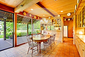 Dining room with green view and windows wall