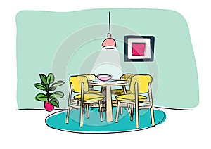 Dining room hand drawn sketch. interior design vector illustration.