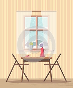 Dining room interior background with table and chairs near window with snowy view