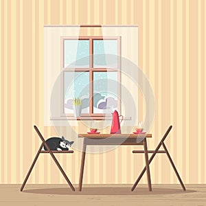 Dining room interior background with table and chairs near window with snowy view