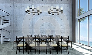 The dining room interior design and concrete wall pattern background and sea view